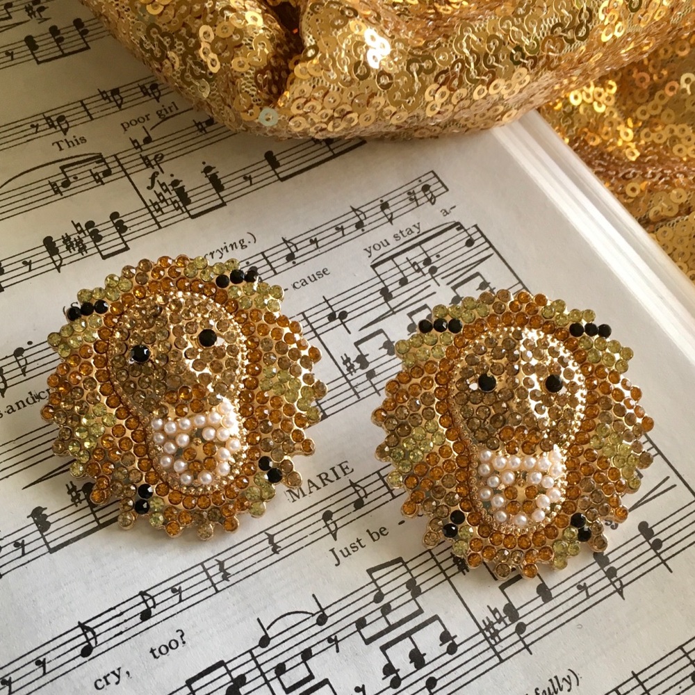 Lion Head crystal statement post earrings nwt